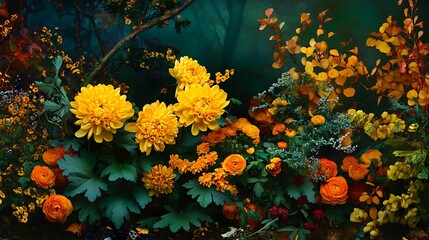 Autumnal Floral Arrangement: A Dark Background Still Life AI Generated