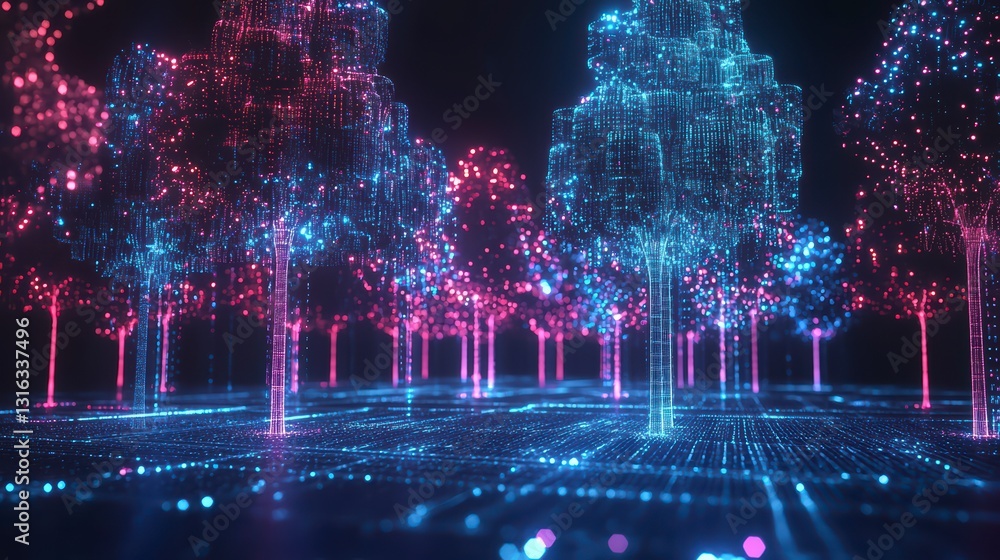 Aufkleber digital forest: an enchanting digital forest scene. pixelated trees glow with a vibrant spectrum of 