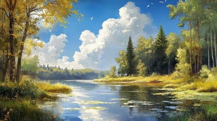 Fototapeta premium Serene lake surrounded by lush green trees.