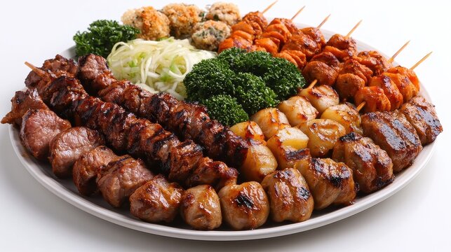 A platter of grilled skewers featuring tender, succulent une meat, glistening with flavorful marinade and served against a pristine white background, inviting the viewer to savor the aroma and visual