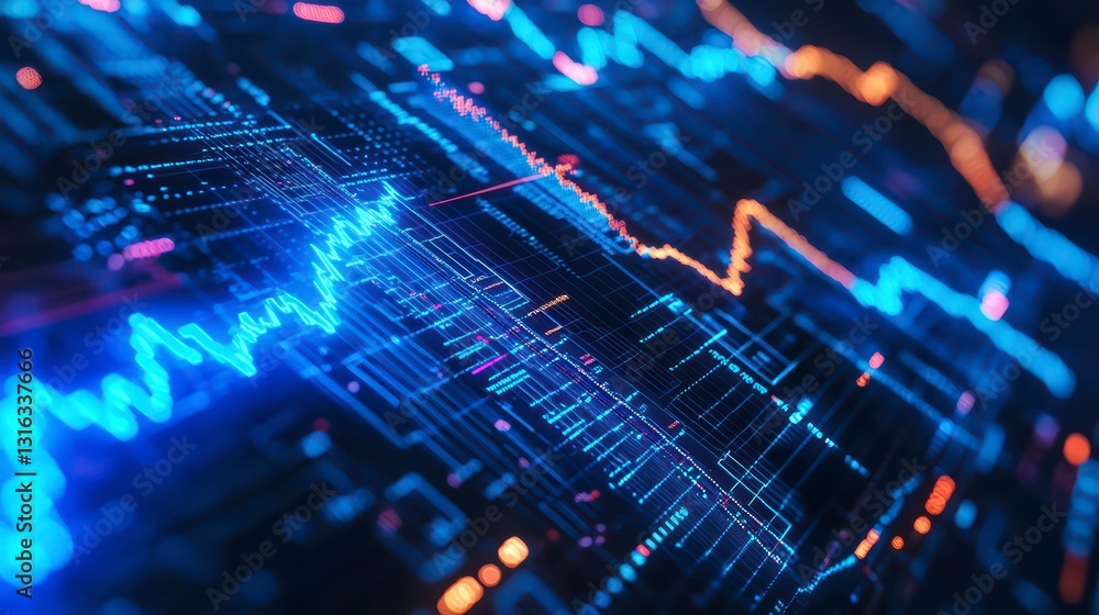 Poster digital finance: abstract digital representation of financial data, highlighting trends and fluctuat