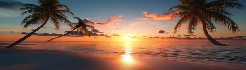 Obraz premium A breathtaking aerial view of a serene beach, dotted with swaying palm trees, as the sun sets on the horizon, casting vibrant hues of orange and pink across the sky and shimmering water.