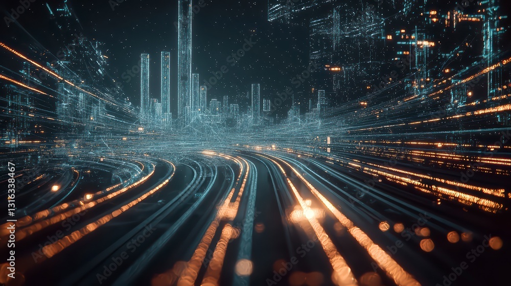 Poster cyber city: a futuristic cityscape glows with neon lights, as streams of data flow through a network