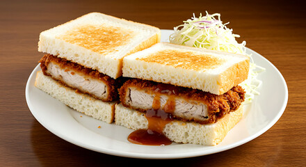 Japanese katsu sando with soft white bread, breaded pork cutlet, and tonkatsu sauce