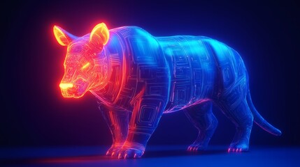Futuristic digital art depiction of a feline animal with glowing circuit lines