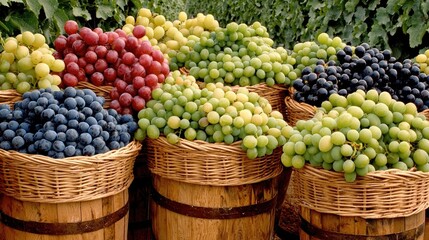 Assorted Baskets of Freshly Harvested Grapes in Various Colors Set in a Vineyard Under Bright Sunshine