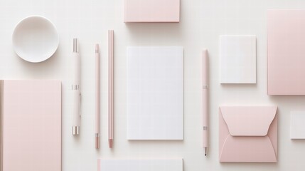 Fototapeta premium Elevated Stationery Set: A sophisticated arrangement of stationery items in a minimalist, top-down perspective, showcasing elegant design and pastel hues.
