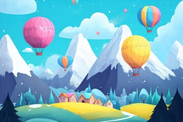 Fototapeta premium Colorful hot air balloons flying above mountains and houses on a field