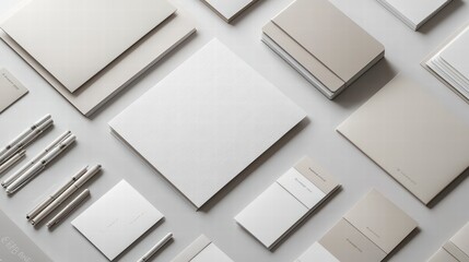 Elevated Stationery Display: An artful arrangement showcases various stationery items, including notebooks, pens, and envelopes, on a flat surface, each piece a testament to simplicity and style.