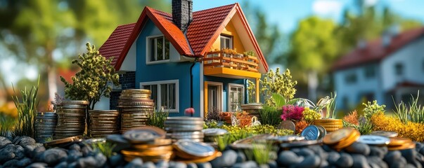 Model house with coins and garden reflecting wealth and prosperity