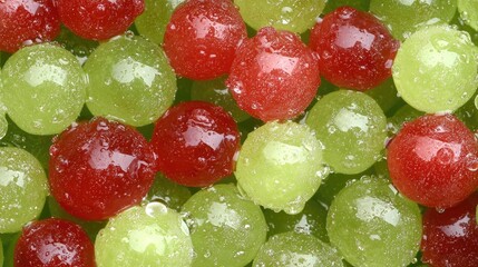 Colorful Assortment of Sweet Jelly Candy Balls in Red and Green with Glossy Texture and Refreshing Appeal
