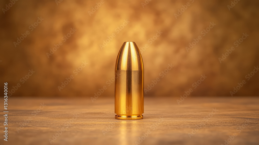 Aufkleber close up shot of single bullet on textured surface, showcasing its metallic shine and details. warm 