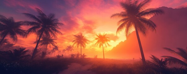 Obraz premium A breathtaking aerial view of a serene beach, dotted with lush palm trees swaying gently in the breeze, as the sun sets on the horizon, casting vibrant hues of orange and pink across the sky.