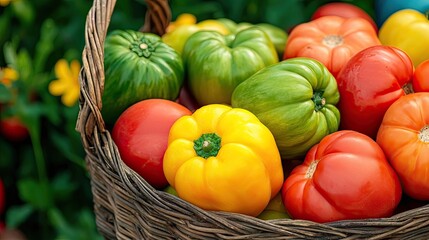 Colorful Assortment of Fresh Bell Peppers in a Woven Basket Surrounded by Lush Greenery in a Vibrant Garden Setting