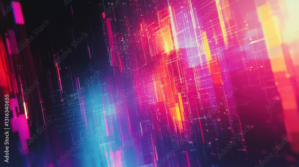 Aufkleber dynamic digital art: a mesmerizing display of abstract neon light, where blocks of vibrant colors da