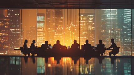 Business Meeting at Night with City Skyline Backdrop in Office