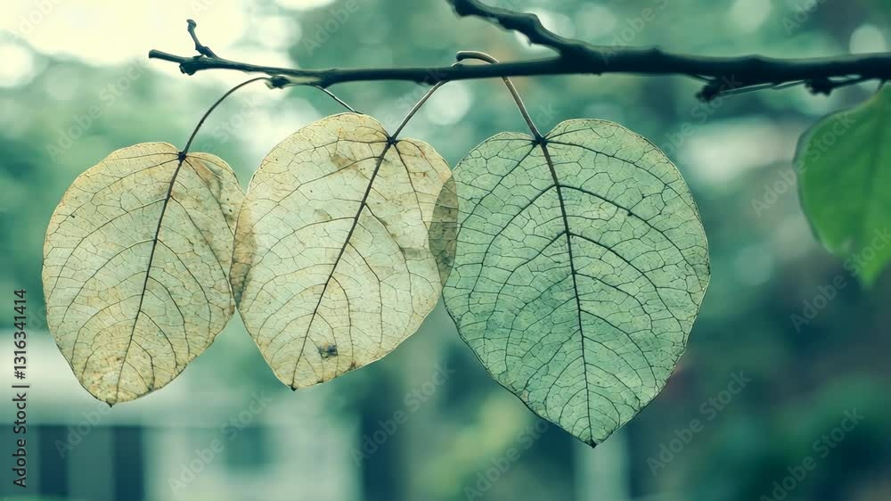 Aufkleber captivating display of translucent leaves on a branch in a serene outdoor setting during a quiet mor