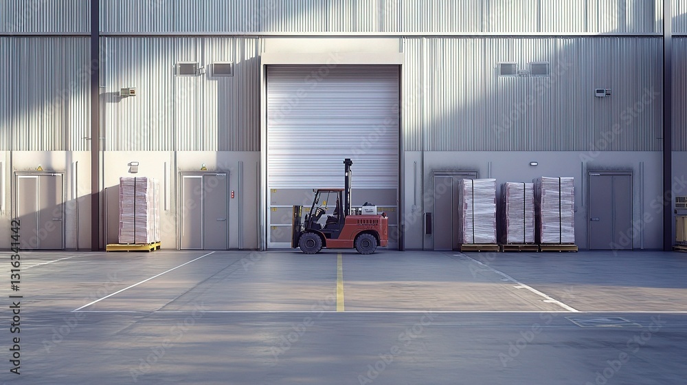 Poster warehouse loading dock with forklift and pallets in bright setting