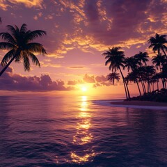A breathtaking aerial view captures a serene beach lined with swaying palm trees, as the sun sets on the horizon, painting the sky in vibrant hues of orange, pink, and purple.