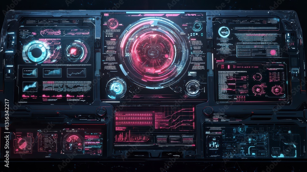 Aufkleber futuristic interface: a close-up shot of a highly detailed futuristic control panel, its glowing dis