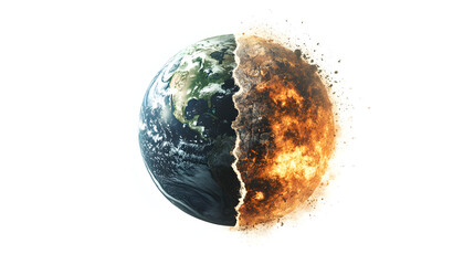 Fototapeta premium The earth is split into two parts, one side is green and fertile, the other side is dry and cracked, in white background 