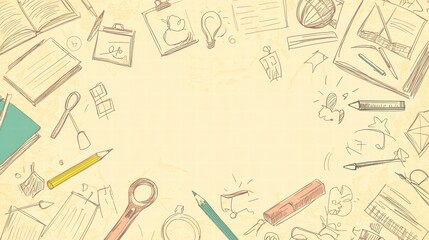 Creative Workspace: An inviting illustration depicts a vibrant workspace, teeming with sketched tools and objects, symbolizing inspiration and the creative process, arranged thoughtfully in a frame.