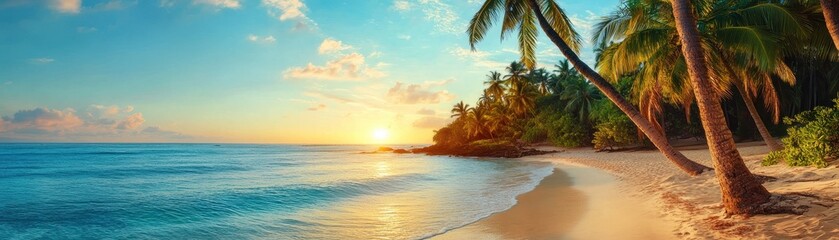 A breathtaking aerial view of a serene beach, dotted with swaying palm trees, as the sun sets on the horizon, casting vibrant hues of orange, pink, and purple across the sky.