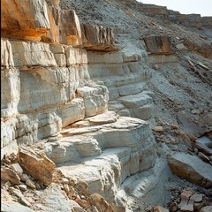 A rocky canyon wall with deep erosion lines and layers