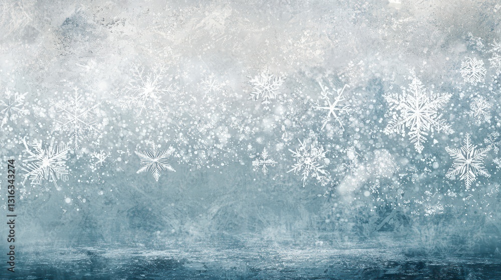 Poster winter frost texture: an abstract image featuring a stunning array of intricate snowflakes frozen on