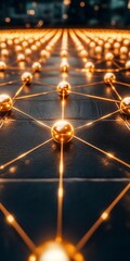 Golden spheres connected by glowing lines form a complex digital mesh