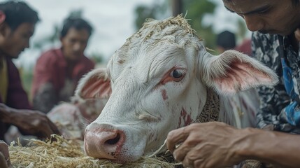 A white cow being attended to by several individuals outdoors