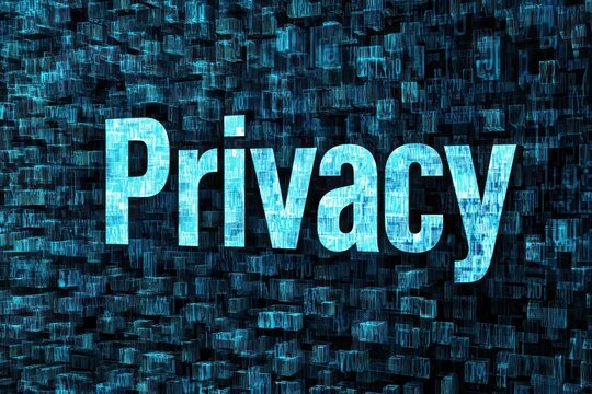 The word "Privacy" in thick sans-serif font, placed over a stream of random alphanumeric characters, representing encryption and data protection.