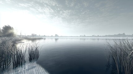 Fototapeta premium Serene Winter Lake Landscape, Frosty Reeds, Misty Horizon, Calm Water Reflection, Cold Atmosphere