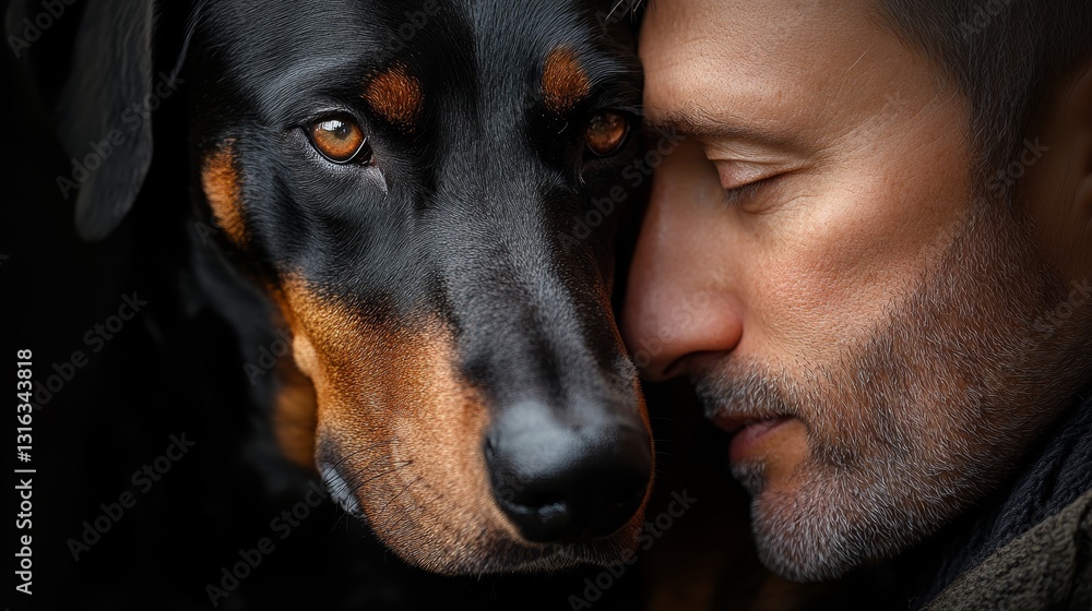 Poster man and doberman pinscher showing affection in natural light hyperrealistic scene with clean lines