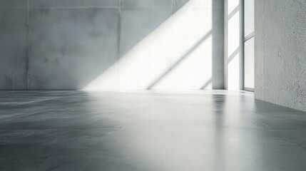 Obraz premium Sunlit Concrete Room: Sunlight streams through a large window, illuminating a spacious room with polished concrete floors and walls, creating a minimalist and modern aesthetic.