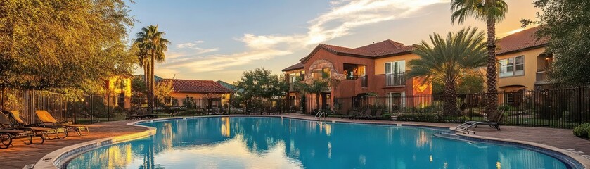 Fototapeta premium Serene Outdoor Pool Scene in Luxury Apartment Complex at Sunset