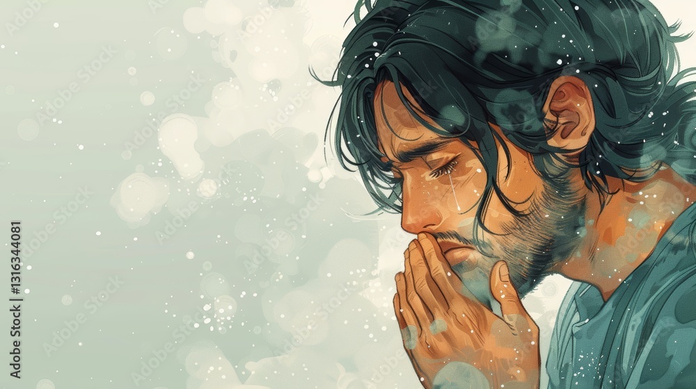 Aufkleber man coughing in a chaotic background with lots of white space and raw atmosphere