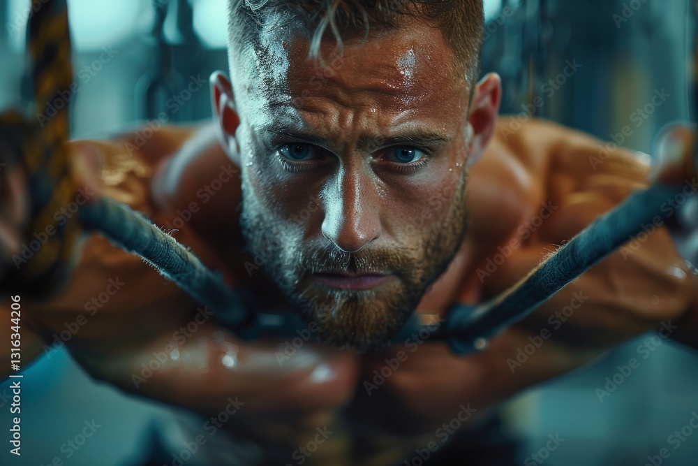Poster man performing challenging core exercises in modern gym environment