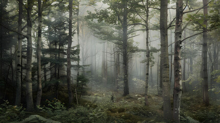 Obraz premium Enchanted Tranquility: The Serene Beauty of a Mystical Forest Bathed in Ghostly Light