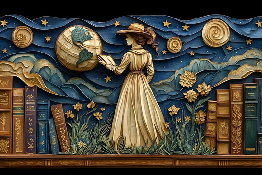 Intricate wood carving depicting a woman in period dress reading a book, beside a globe and bookshelves under a starry night sky