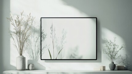 Minimalist Interior with Plants and Artwork on a Light Background