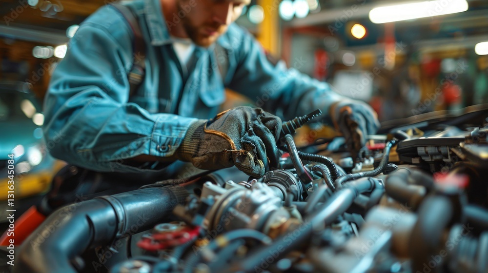 Poster mechanic working on car engine in a garage with authentic closeup shot and clean lines