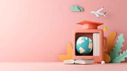 3D Render: Graduation, Global Travel Dreams, Pastel Pink Background AI Generated