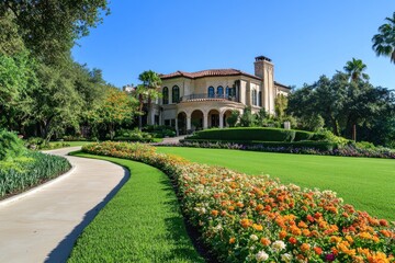 Luxurious Mediterranean-style villa with manicured gardens and curving pathway.