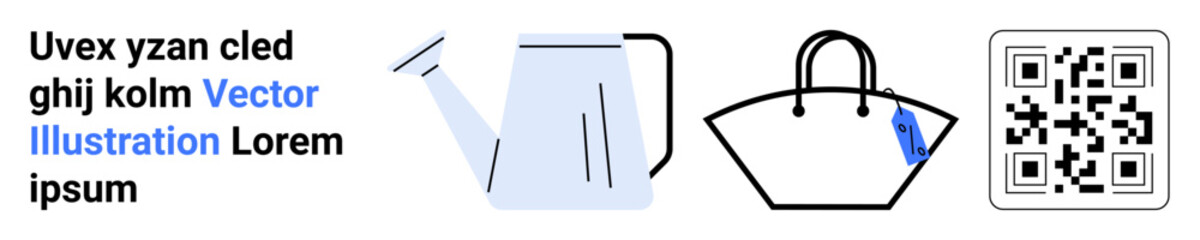 Watering can, handbag with tag, and QR code alongside editable text block enhance utility and clarity. Ideal for e-commerce, gardening, technology, fashion, retail, marketing flat landing page