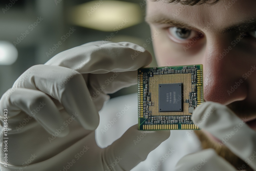 Aufkleber gloved hands of an engineer carefully examine a microchip in a laboratory. the focus is on the intri