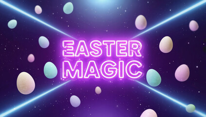 Fototapeta premium Easter Magic Celebration: An enchanting illustration featuring luminous pastel-colored eggs and glowing neon typography spell 