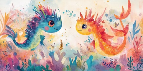 Two smiling friendly sea creatures swimming underwater together beautifully