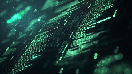 Digital Matrix: Abstract digital data streams flow in a mesmerizing cascade of glowing green and blue particles, creating an intricate network of interconnected lines and patterns.
