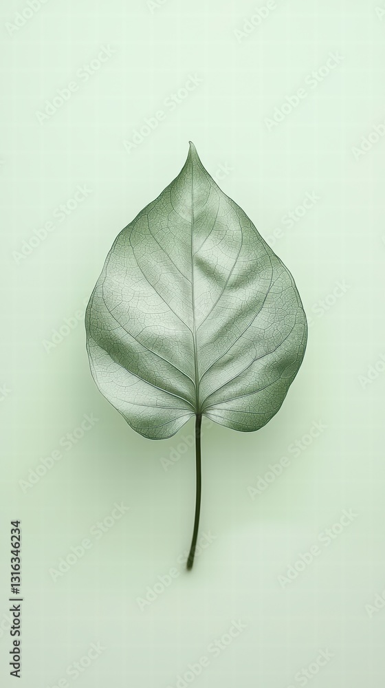 Poster aesthetic leaf: a single, elegantly shaped leaf with intricate veining is presented against a soft b